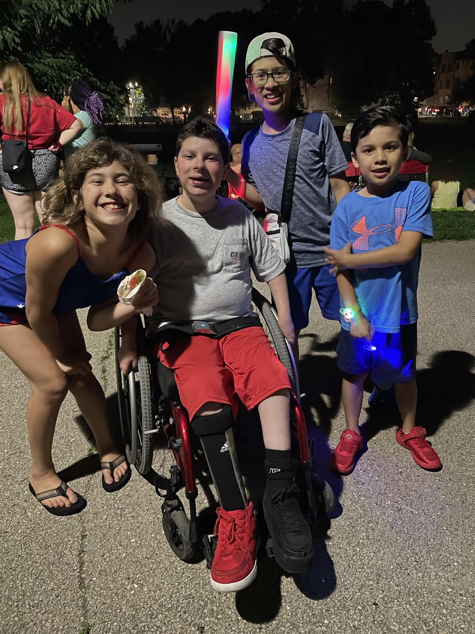 Aleck is out of the cast but not at full strength so it's easier to run around Winnemac Park in his wheelchair, good thing he's got friends to push him around. 